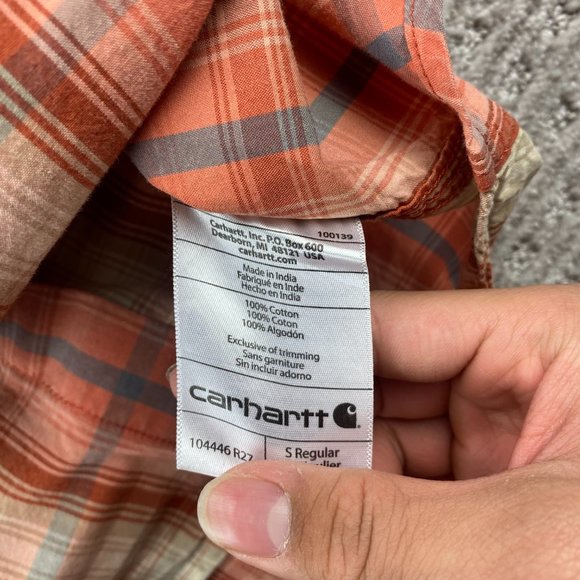 Carhartt Shirt Men Small S Orange Brown Blue Plaid Button Up Relax Fit - STAINS - Picture 6 of 11